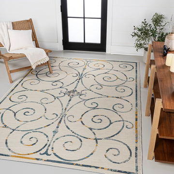 Danae Classic Cottage Filigree Scroll Reversible Machine-Washable Indoor/Outdoor Area Rug